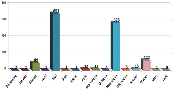 Répartition mensuelle des tirs de roquettes