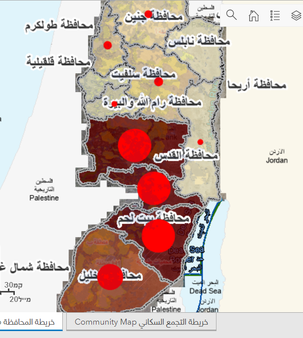 מוקדי התחלואה במחוזות השונים ביהודה ושומרון
 (פורטל קורונה מאפ, 19 באפריל 2020)
