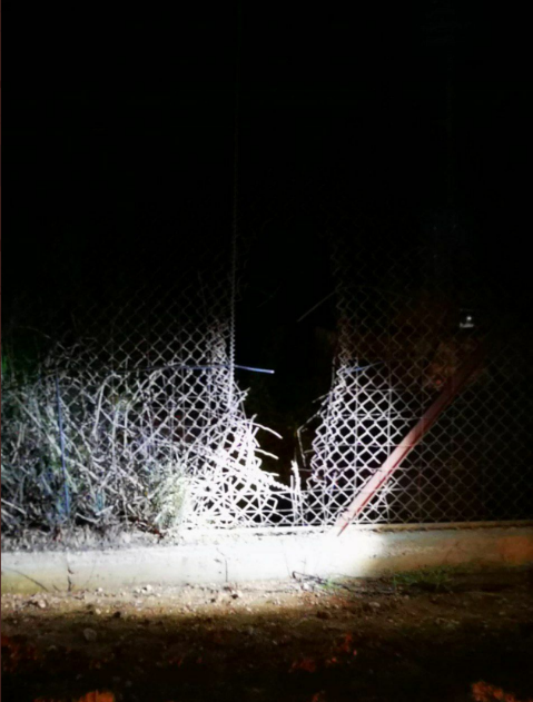 One of three sites where the security fence on Israel's norther border was damaged (Twitter account of INTELsky, April 18, 2020). 