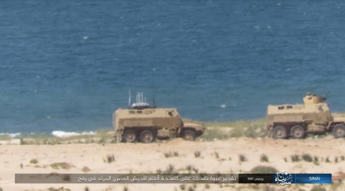 Egyptian army minesweeping vehicle in Rafah before an IED was activated against it. 