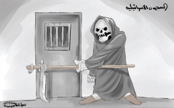 The PA daily newspaper al-Hayat al-Jadeeda, the official PA organ, continues its incitement and propaganda against Israel: the alleged danger of death to Palestinian prisoners in Israeli jails. The Arabic reads, "The Israeli prisons" (al-Hayat al-Jadeeda, April 29, 2020).