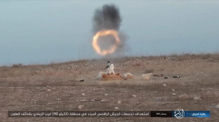 Mortar shells being fired at Iraqi army forces west of Ramadi (Telegram, May 2, 2020)