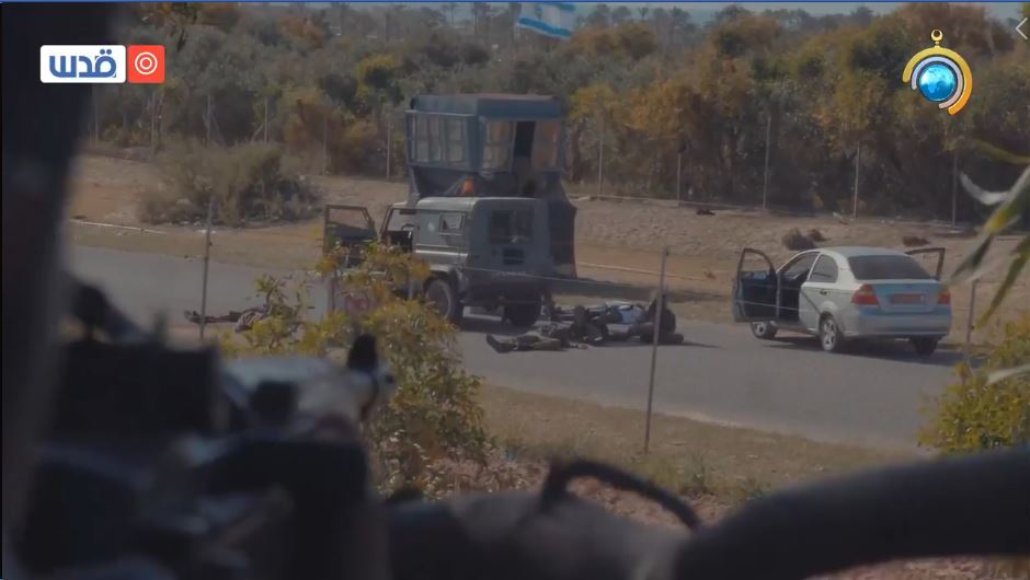 Photos d'un épisode intitulé "Wadi al-Haramiya" concernant une fusillade initiée par un tireur d'élite palestinien le 3 mars 2002, au cours de la deuxième intifada, qui visait un barrage routier de Tsahal à Wadi Haramiya (Page Facebook qudsnlive, 30 avril 2020)