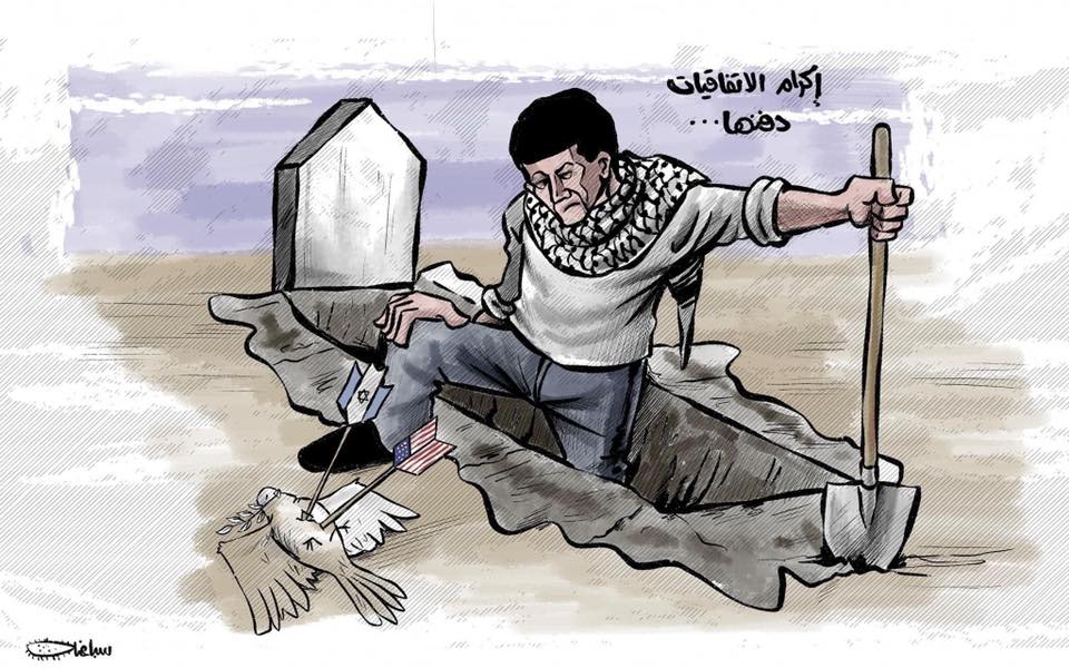 Une caricature qui précise : "Respecter les accords [par] leur enterrement". Cette phrase est empruntée à la tradition musulmane selon laquelle "l'honneur des morts (il) est enterré" (Page Facebook du Fatah, 22 mai 2020) 