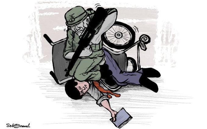 Cartoons equating the death of George Floyd in the United States with the activities of IDF soldiers (Right: al-Hayat al-Jadeeda, June 1, 2020; Left: Twitter account of Muhammad Sabaani, May 30, 2020).