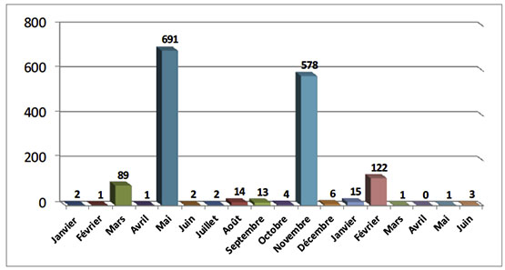 Répartition mensuelle des tirs de roquettes et d'obus de mortier