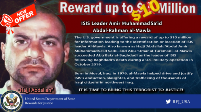 Announcement of the increase in the amount of the reward of up to $10 million for anyone disclosing information about ISIS’s leader (Rewards for Justice@RFJ_USA Twitter account, June 24, 2020) 