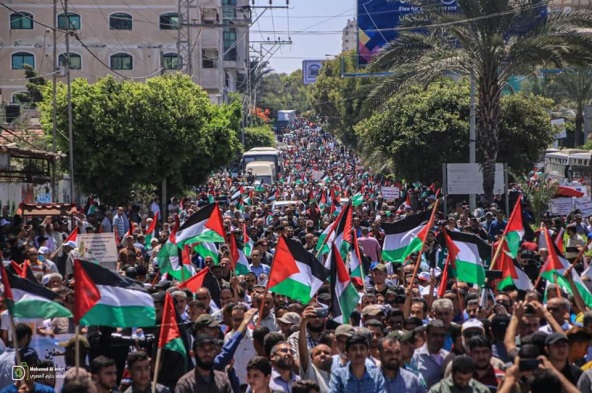 Palestinian flags waved at a 