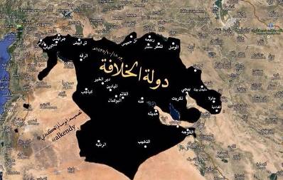 The climax of the spread of the Caliphate State in Iraq and Syria. This map was disseminated on jihadi forums on August 18, 2014 (alplatformmedia.com; hanein.info).