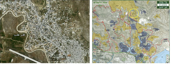 Right: Kafr 'Aqab, northeast of Jerusalem (Map from the Ir Amim website, 2016). Left: Aerial photograph of Kafr 'Aqab (Applied Research Institute-Jerusalem, 2012).