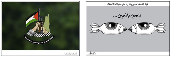 Right: Cartoon by Alaa' al-Laqta. The Arabic reads, "An eye for an eye, Gaza shells Sderot in retaliation for the occupation's attacks (Alaa' al-Laqta's Facebook page, August 22, 2020). Left: Logo of the terrorist organizations' joint operations room. The Arabic reads, "A bombardment for a bombardment" (Operations room Telegram channel, August 21, 2020).