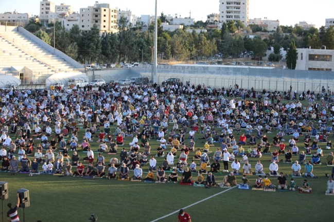 Mass Eid al-Adha prayer in the Dura Stadium in Hebron. People wore masks and there was some social distancing (Wafa, July 31, 2020).