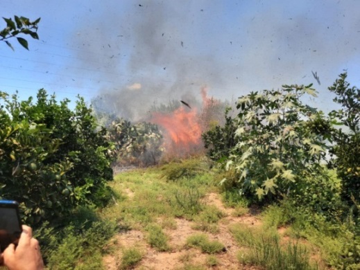 Fire set by incendiary balloon near the security fence of an Israeli community in the western Negev.