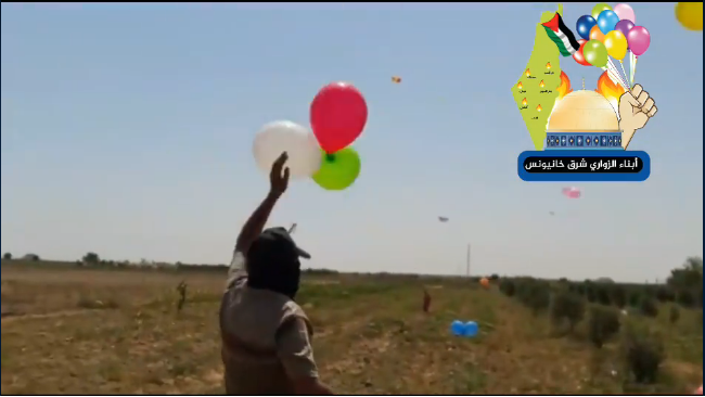 From a Sons of al-Zawari video documenting the launching of IED and incendiary balloons by the unit's operatives, targeting Israeli communities in the western Negev. The unit is affiliated with Hamas (Sons of al-Zawari in eastern Khan Yunis Facebook page, August 17, 2018).