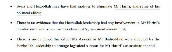 Remarks in the verdict on the motives of Syria and Hezbollah for the assassination: the motives exist, there is no proof (Section 57, p. 15). Emphasis added by the ITIC.