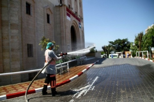 Disinfecting the Indonesian Hospital in the northern Gaza Strip (Palinfo Twitter account, August 23, 2020).