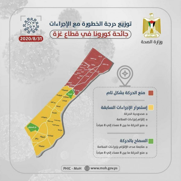 Infographic issued by the ministry of health in Gaza divides the Gaza Strip by color according to the seriousness of the spread of COVID-19. Red areas are under full lockdown, in yellow areas there is limited movement with preventive measures and a curfew between 20:00 and 08:00, in green areas movement is permitted with preventive measures and a curfew between 20:00 and 08:00 (Dunia al-Watan, September 1, 2018).