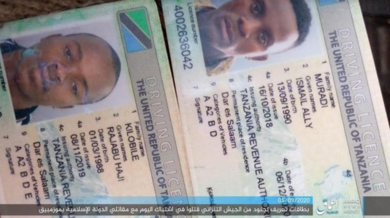 Driver’s licenses of two Tanzanian soldiers killed in an attack against ISIS in Mocimboa da Praia (Telegram, September 5, 2020)