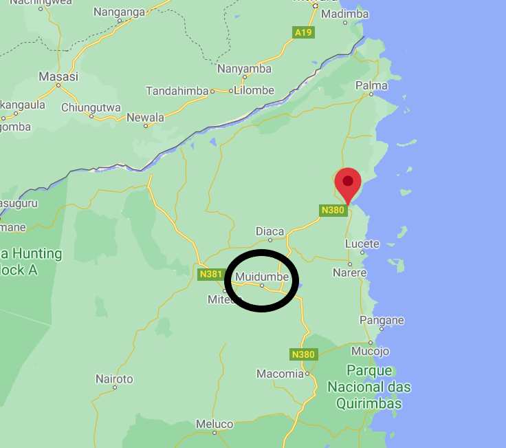 The city of Muidumbe (circled in black) southwest of the port city of Mocimboa da Praia (marked in red) (Google Maps) 