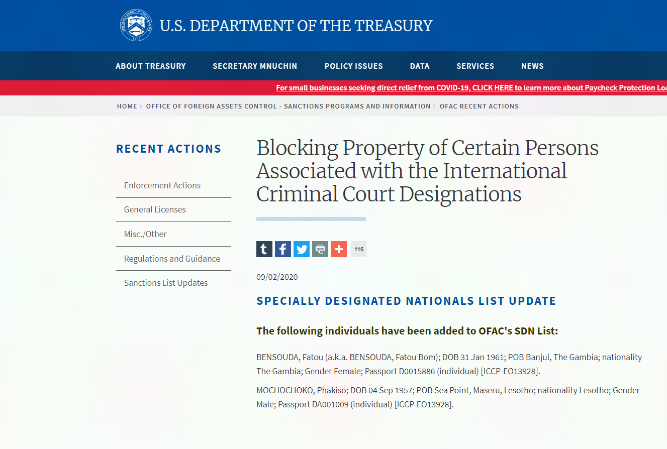 US Department of the Treasury’s statement (Department of the Treasury’s website, September 2, 2020) 