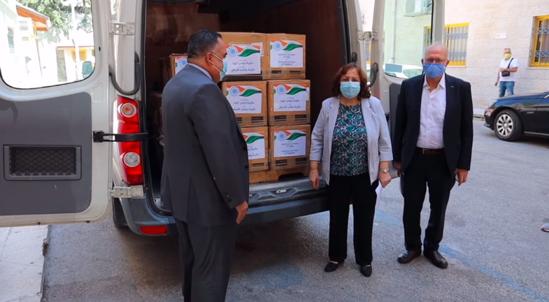 Mai al-Kayla, PA minister of health receives medical equipment from the Indian ambassador to the PA (Facebook page of the ministry of health in Ramallah, September 27, 2020).