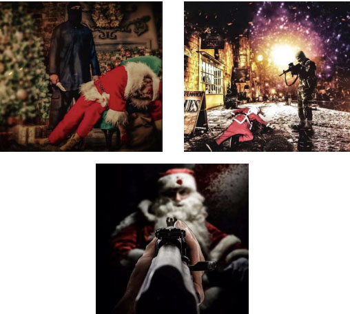 Right: Poster showing an ISIS operative shooting Santa Claus to death (Vera Mironov’s Twitter account, December 23, 2020). Left: Poster showing an ISIS operative stabbing Santa Claus to death (Vera Mironov’s Twitter account, December 23, 2020). Bottom: Poster showing an ISIS operative shooting Santa Claus in the head (Vera Mironov’s Twitter account, December 23, 2020).