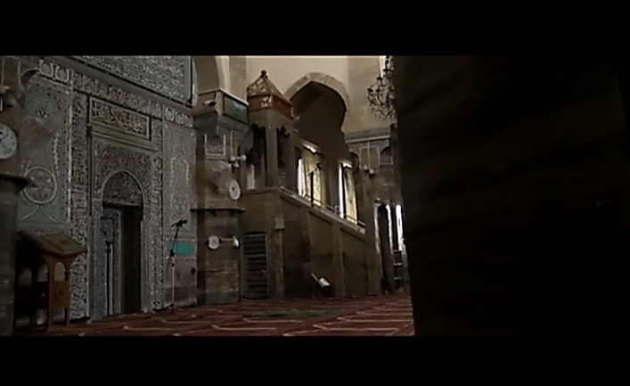 The final image of the ISIS video: a photo from the Great Mosque of Mosul, where ISIS leader Abu Bakr al-Baghdadi announced the establishment of ISIS’s caliphate in June 2014. 