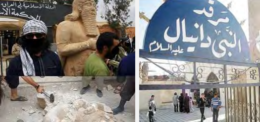 Right: The tomb of Daniel the Prophet in the Mosul region before being blown up by ISIS (youm7.com) Left: The destruction of ancient statues in Iraq, cultural treasures dating from the beginnings of human civilization (islamist-movements.com)