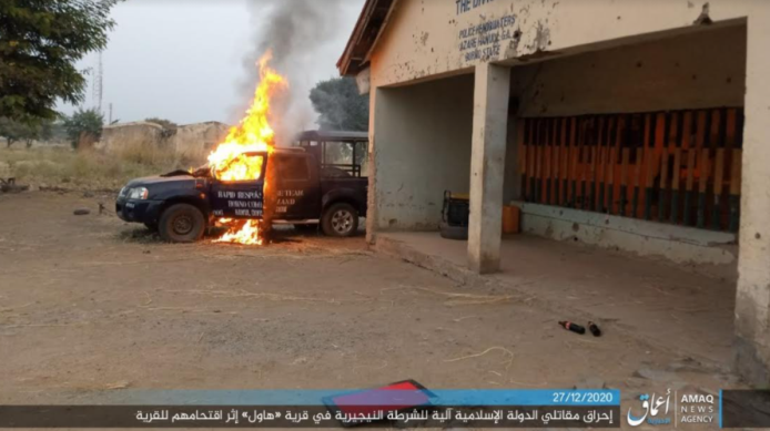 Nigerian police vehicle set on fire by ISIS. 