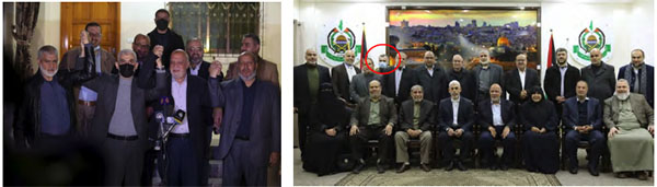 Right: The elected Hamas leadership, headed by Yahya al-Sinwar. Marwan Issa, senior military-terrorist wing figures, fourth from the left in the second row (wearing a mask and circled in red) (Hamas website in English, March 14, 2021). Left: Yahya al-Sinwar, head of the Hamas political bureau in the Gaza Strip, at a press conference held immediately after the election results were announced. Nizar Awadallah is at the left (Hamas website in Arabic, March 10, 2021).Right: The elected Hamas leadership, headed by Yahya al-Sinwar. Marwan Issa, senior military-terrorist wing figures, fourth from the left in the second row (wearing a mask and circled in red) (Hamas website in English, March 14, 2021). Left: Yahya al-Sinwar, head of the Hamas political bureau in the Gaza Strip, at a press conference held immediately after the election results were announced. Nizar Awadallah is at the left (Hamas website in Arabic, March 10, 2021).