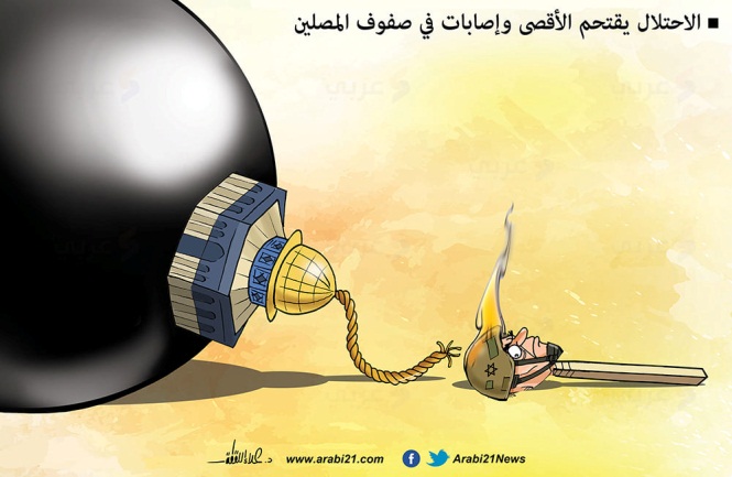 Cartoon depicting the volatility of the situation on the Temple Mount: “The occupation is invading the Al-Aqsa [mosque] and [there are] wounded among the worshipers” (Facebook page of Palestinian cartoonist Alaa' Allaqta, May 7, 2021). 