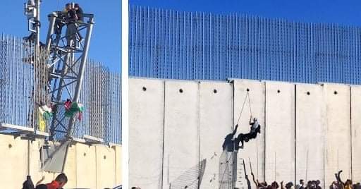 Lebanese climb the border security fence in south Lebanon (Palinfo Twitter account, May 15, 2021). 