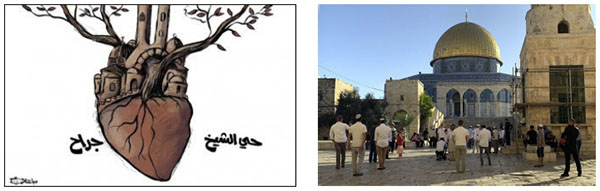 Right: The Palestinian media gives extensive coverage to the visit of Jews to the Temple Mount (Palinfo Twitter account, May 27, 2021). Left: Sheikh Jarrah, "the heart of Jerusalem," an idea promoted by the PA to illustrate the determination to fight against the eviction of Palestinian families from the neighborhood (al-Hayat al-Jadeeda, June 1, 2021).