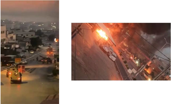 Clashes in Jenin. Right, from the Twitter account of Ultra Palestine, August 3, 2021; left, from the Facebook page of journalist Ali Samoudi, Jenin, August 3, 2021.