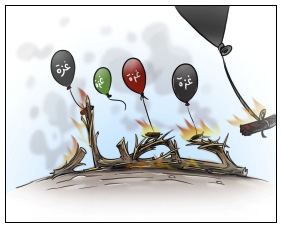 Incendiary balloon launchers claim they will continue their activities until the "siege" is lifted. The Arabic reads, "Gaza," "Siege" (Facebook page of Palestinian cartoons, August 29, 2021).