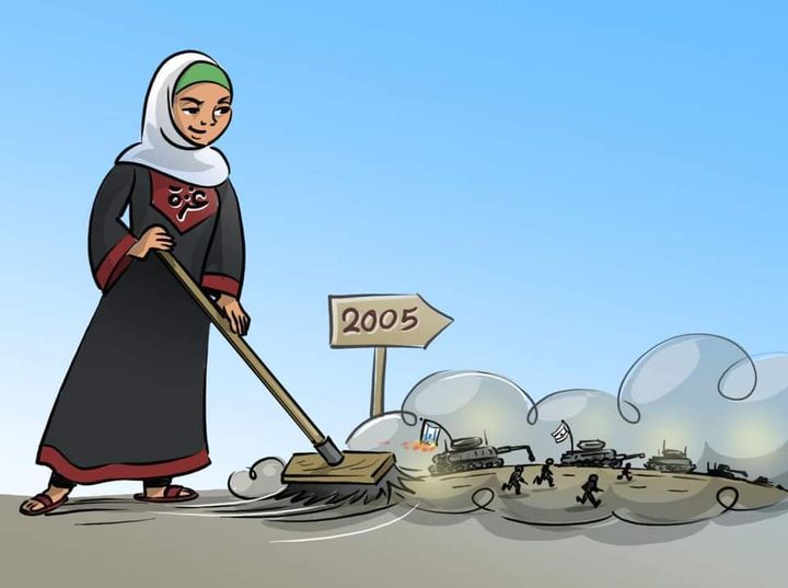 Cartoons celebrating Israel's disengagement from the Gaza Strip (Palestinian cartoon Facebook page, September 12, 2021). 