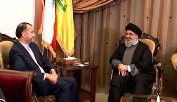 The meeting of the Iranian minister of foreign affairs with the secretary general of Hezbollah. (IRNA, March 25)