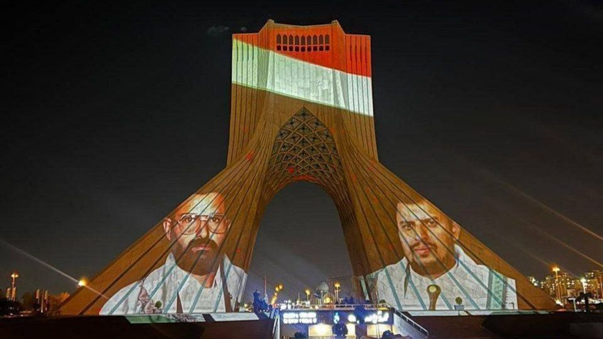 The Azadi Tower in Tehran lit with the images of the Houthis’ leaders. (Alef, March 27)