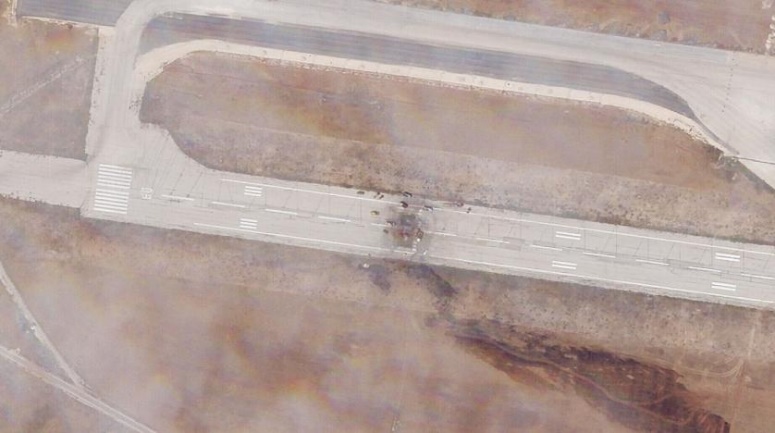 Satellite photo of the damaged runway in the Aleppo airport (al-Sharq al-Awsat, September 7, 2022).