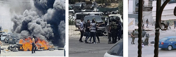 Right: PA security services remove the tires at the entrance to the Nur Shams refugee camp (AhrarNoorShams Telegram channel, June 11, 2023). Center: Local residents clash with the PA security services (PL Plus Twitter account, June 11, 2023). Left: Burning tires in the refugee camp in response to the PA security services' activities (AhrarNoorShams Telegram channel, June 12, 2023).