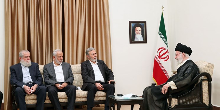 Khamenei (right) with the PIJ delegation, al-Nakhalah sitting closest to him (Fars, June 14, 2023).