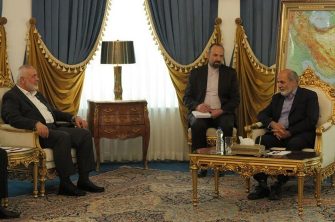 The Hamas delegation meets with the secretary of Iran's Supreme National Security Council (right). Haniyeh sits facing him (Mehr, June 19, 2023).