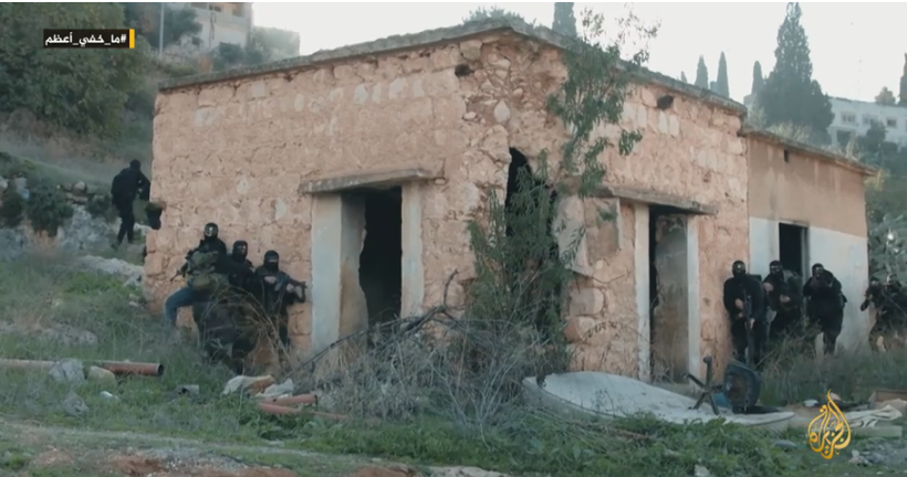 Jenin Battalion operatives at target practice and practicing urban warfare (al-Jazeera TV, January 6, 2023).