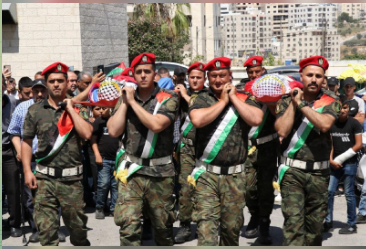 The military funeral held for Hashhash and Falah (Palestinian preventive security apparatus Telegram channel, June 21, 2023).