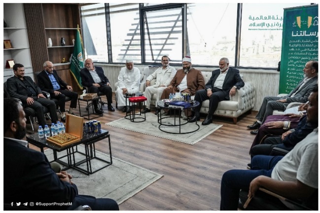 Isma'il Haniyeh and the organization's secretary general, Sheikh Muhammad al-Saghir (International Organization to Support the Prophet of Islam Twitter account, July 12, 2023).