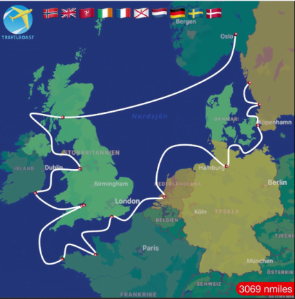 From a video showing the route of the Handala from one European port to another, leaving from and returning to Oslo (Ship to Gaza-Sweden Facebook page, July 17, 2023).