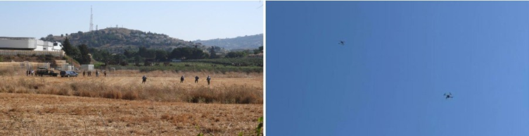 Right: Hezbollah quadcopter in the skies over Metulla. Left: A group of Lebanese near Metulla (Maymun5 Telegram channel, July 25, 2023). 