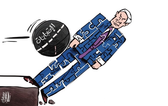 The Netanyahu coalition government as a bowling pin knocked over by a ball inscribed 