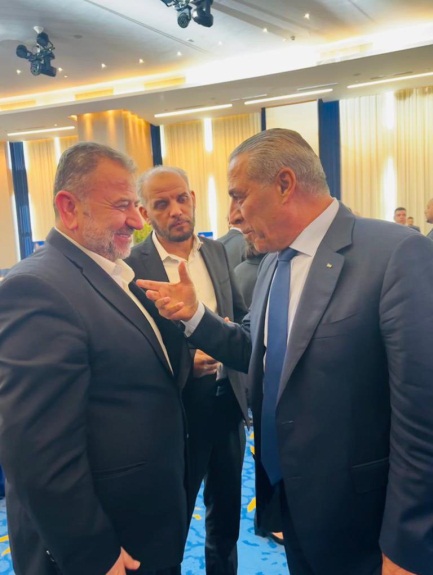 Hussein al-Sheikh (right) and Isma'il Haniyeh (left), and with Saleh al-'Arouri (left) (Muneir al-Jaghoub's Twitter account, July 30, 2023).