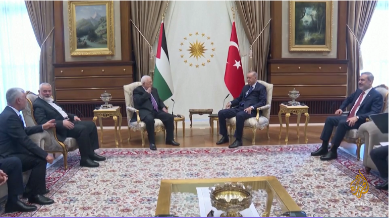 The Turkish president meets with Mahmoud Abbas and Isma'il Haniyeh (al-Jazeera Mubasher website, July 26, 2023(